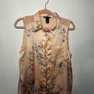 Forever 21 Floral Satin Blouse - Cream and Orange